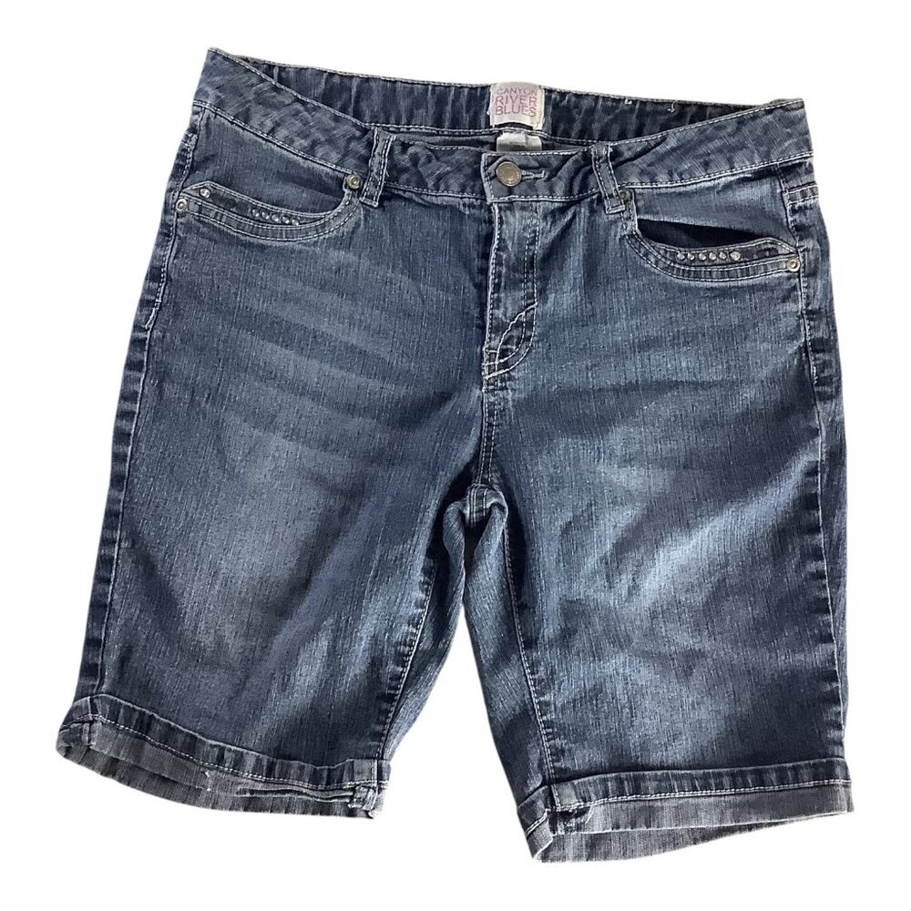 Girls‎ Denim Bermuda Shorts Size 16 1/2 Rhinestone Detail Elastic Waist Band
